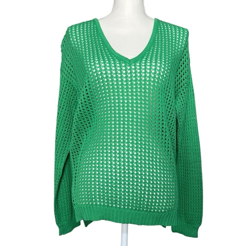 Jeanne Pierre Open Knit 100% Cotton Women’s V-Neck Sweater Green Size Medium
